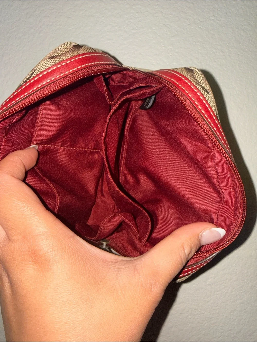 Coach Signature Canvas Wristlet in Brown with Red Strap - Picture 9 of 13